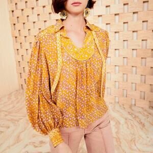 Ulla Johnson Aninda Silk Tie Neck Print Peasant Blouse in Citrine Women's Size 2